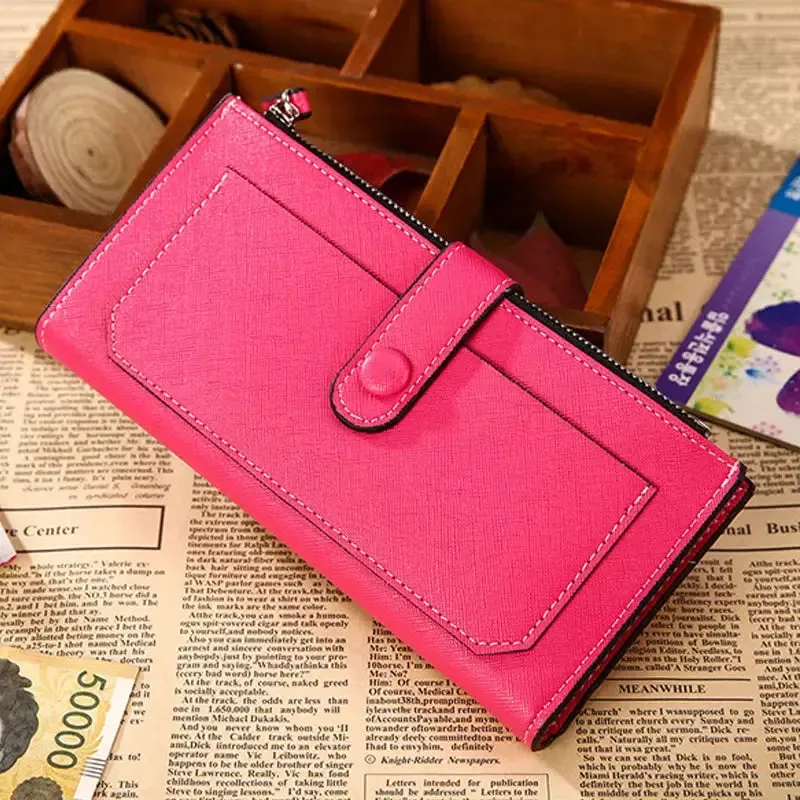 Women's PU Leather Bifold Long Wallet with Card Organizer and Buckle Closure, Large Capacity in Soft Pastel Colors