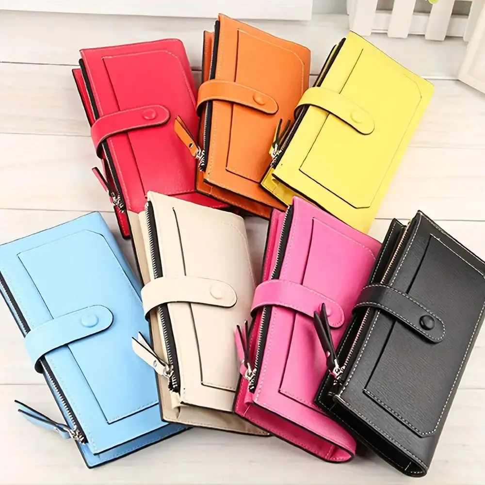 Women's PU Leather Bifold Long Wallet with Card Organizer and Buckle Closure, Large Capacity in Soft Pastel Colors