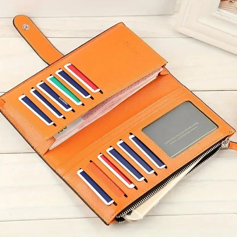 Women's PU Leather Bifold Long Wallet with Card Organizer and Buckle Closure, Large Capacity in Soft Pastel Colors