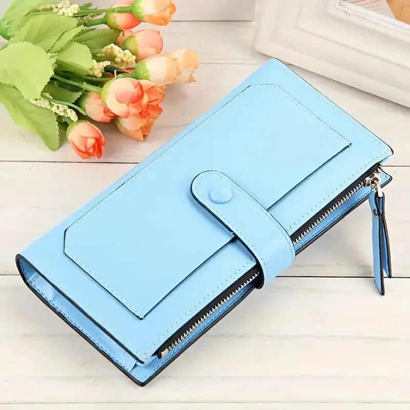 Women's PU Leather Bifold Long Wallet with Card Organizer and Buckle Closure, Large Capacity in Soft Pastel Colors
