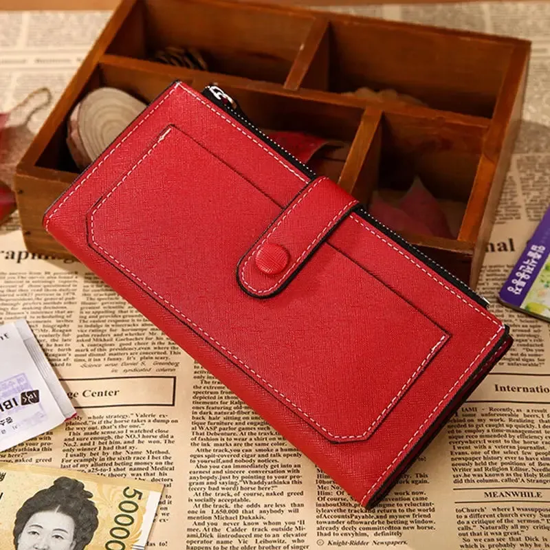 Women's PU Leather Bifold Long Wallet with Card Organizer and Buckle Closure, Large Capacity in Soft Pastel Colors
