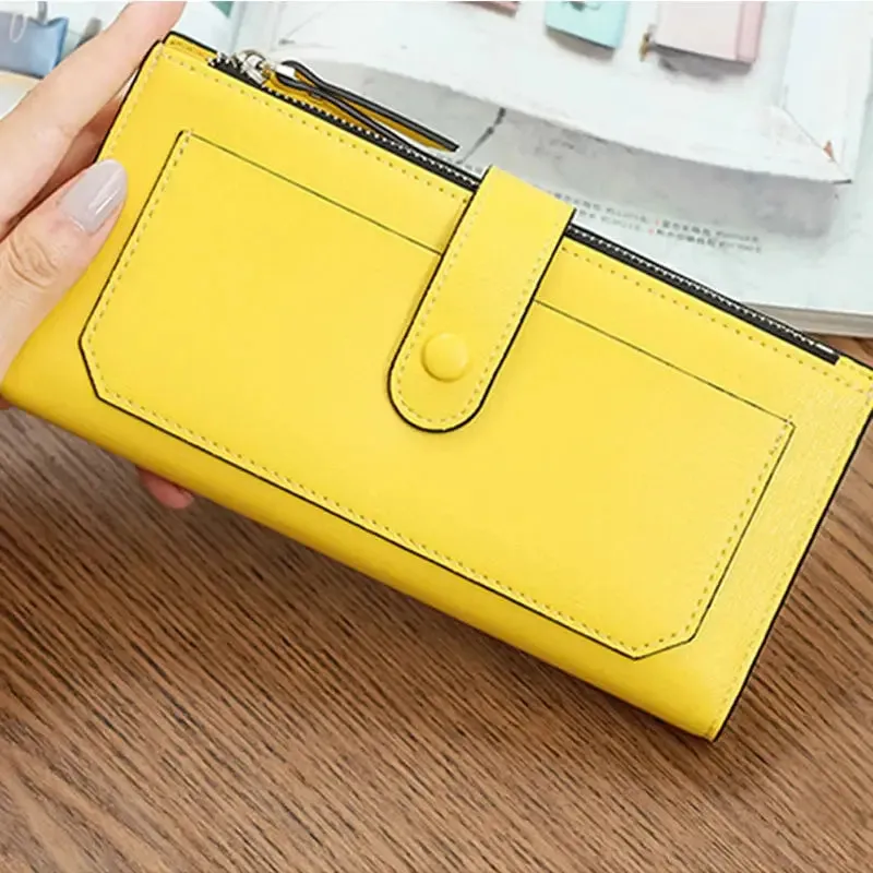 Women's PU Leather Bifold Long Wallet with Card Organizer and Buckle Closure, Large Capacity in Soft Pastel Colors