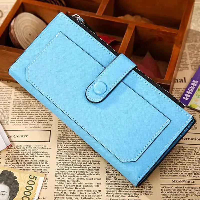 Women's PU Leather Bifold Long Wallet with Card Organizer and Buckle Closure, Large Capacity in Soft Pastel Colors