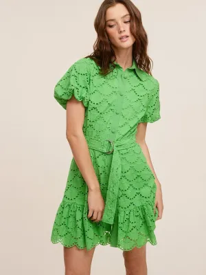 WOMEN'S SHORT PUFF SLEEVE BUTTON UP EYELET MINI DRESS