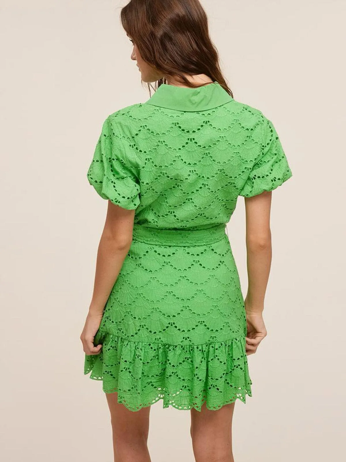 WOMEN'S SHORT PUFF SLEEVE BUTTON UP EYELET MINI DRESS
