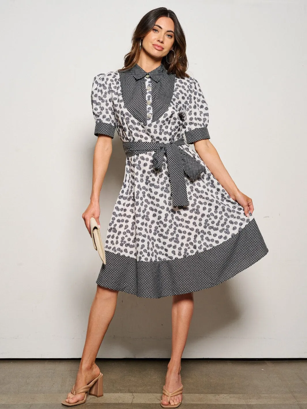 WOMEN'S SHORT PUFF SLEEVE BUTTON UP SELF TIE PRINTED MIDI DRESS