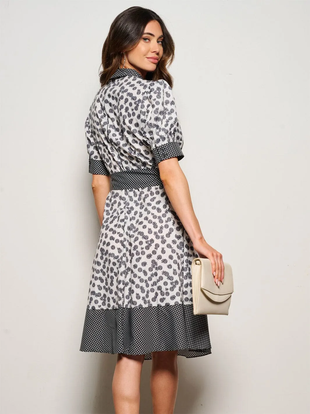 WOMEN'S SHORT PUFF SLEEVE BUTTON UP SELF TIE PRINTED MIDI DRESS