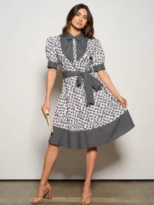 WOMEN'S SHORT PUFF SLEEVE BUTTON UP SELF TIE PRINTED MIDI DRESS