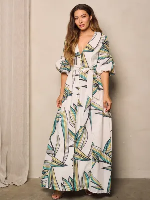 WOMEN'S SHORT PUFF SLEEVE V-NECK LEAF PRINT MAXI DRESS
