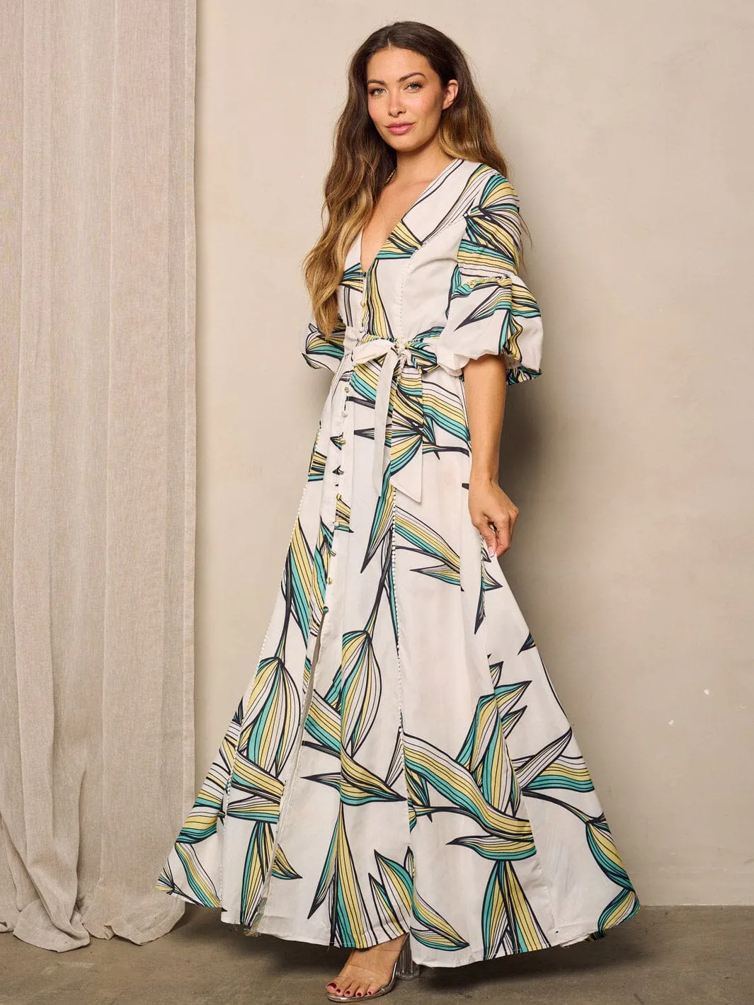 WOMEN'S SHORT PUFF SLEEVE V-NECK LEAF PRINT MAXI DRESS