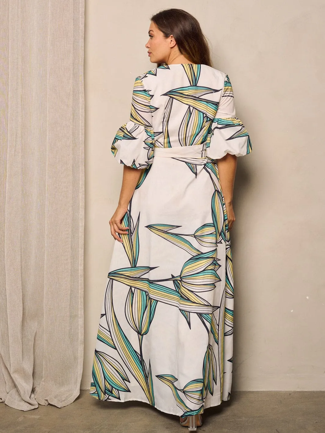WOMEN'S SHORT PUFF SLEEVE V-NECK LEAF PRINT MAXI DRESS