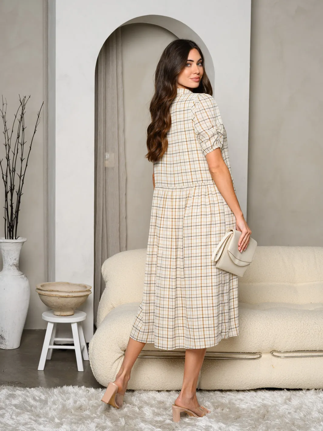 WOMEN'S SHORT SLEEVE BUTTON UP PLAID MIDI DRESS