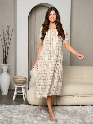 WOMEN'S SHORT SLEEVE BUTTON UP PLAID MIDI DRESS