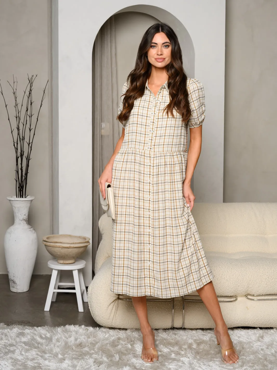 WOMEN'S SHORT SLEEVE BUTTON UP PLAID MIDI DRESS