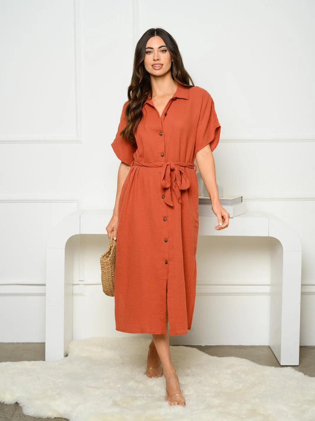 WOMEN'S SHORT SLEEVE BUTTON UP SELF TIE MIDI DRESS