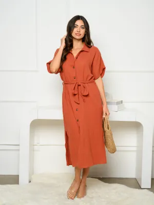 WOMEN'S SHORT SLEEVE BUTTON UP SELF TIE MIDI DRESS