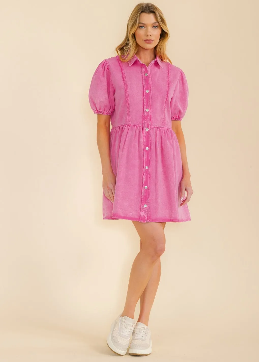 WOMEN'S SHORT SLEEVE FRONT POCKETS BUTTON UP DENIM MINI DRESS
