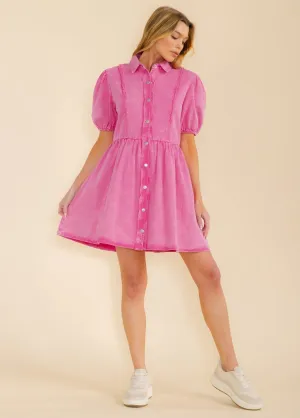 WOMEN'S SHORT SLEEVE FRONT POCKETS BUTTON UP DENIM MINI DRESS
