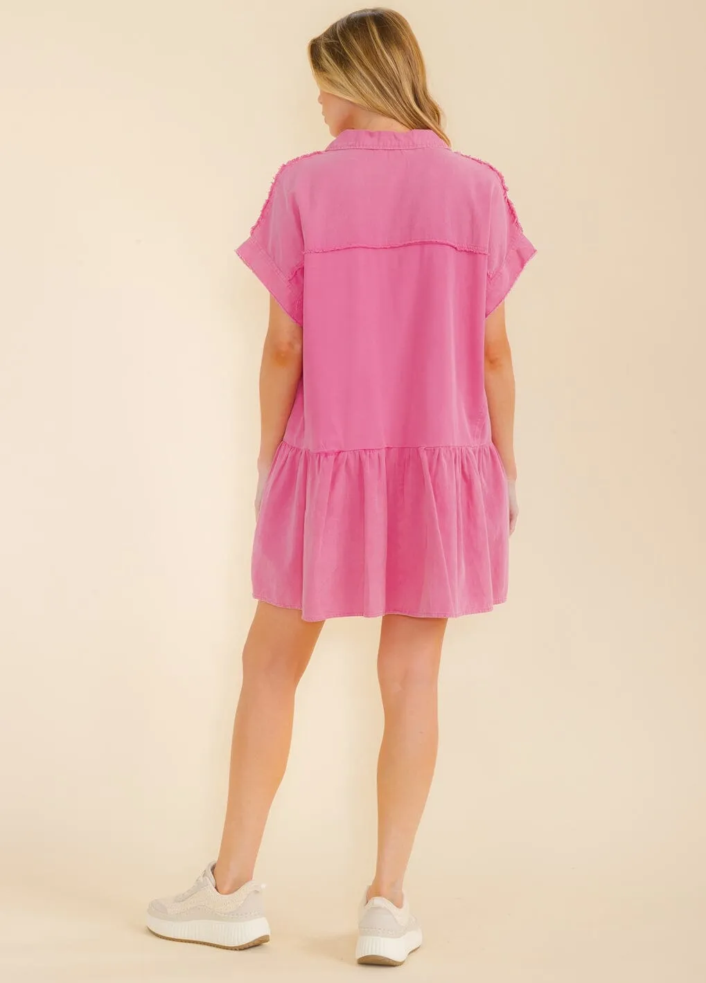 WOMEN'S SHORT SLEEVE FRONT POCKETS BUTTON UP TUNIC MINI DRESS