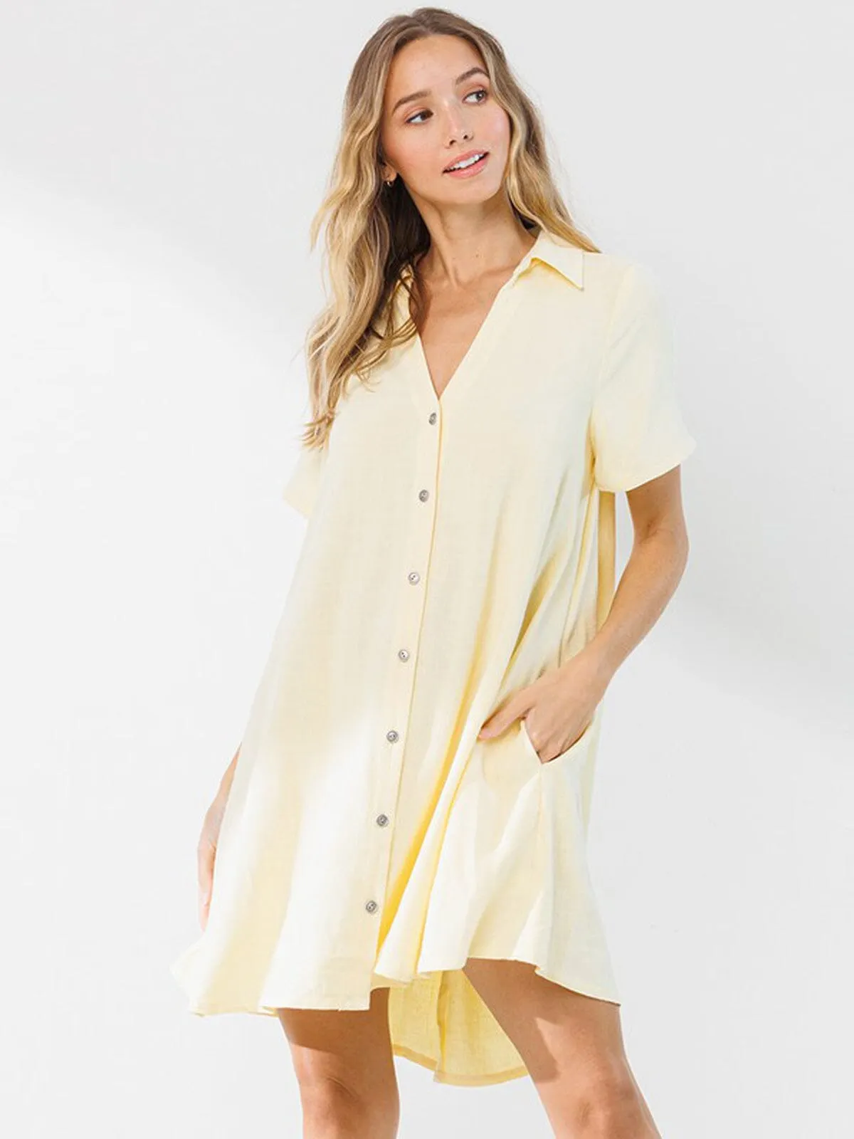 WOMEN'S SHORT SLEEVE POCKETS BUTTON UP MINI DRESS
