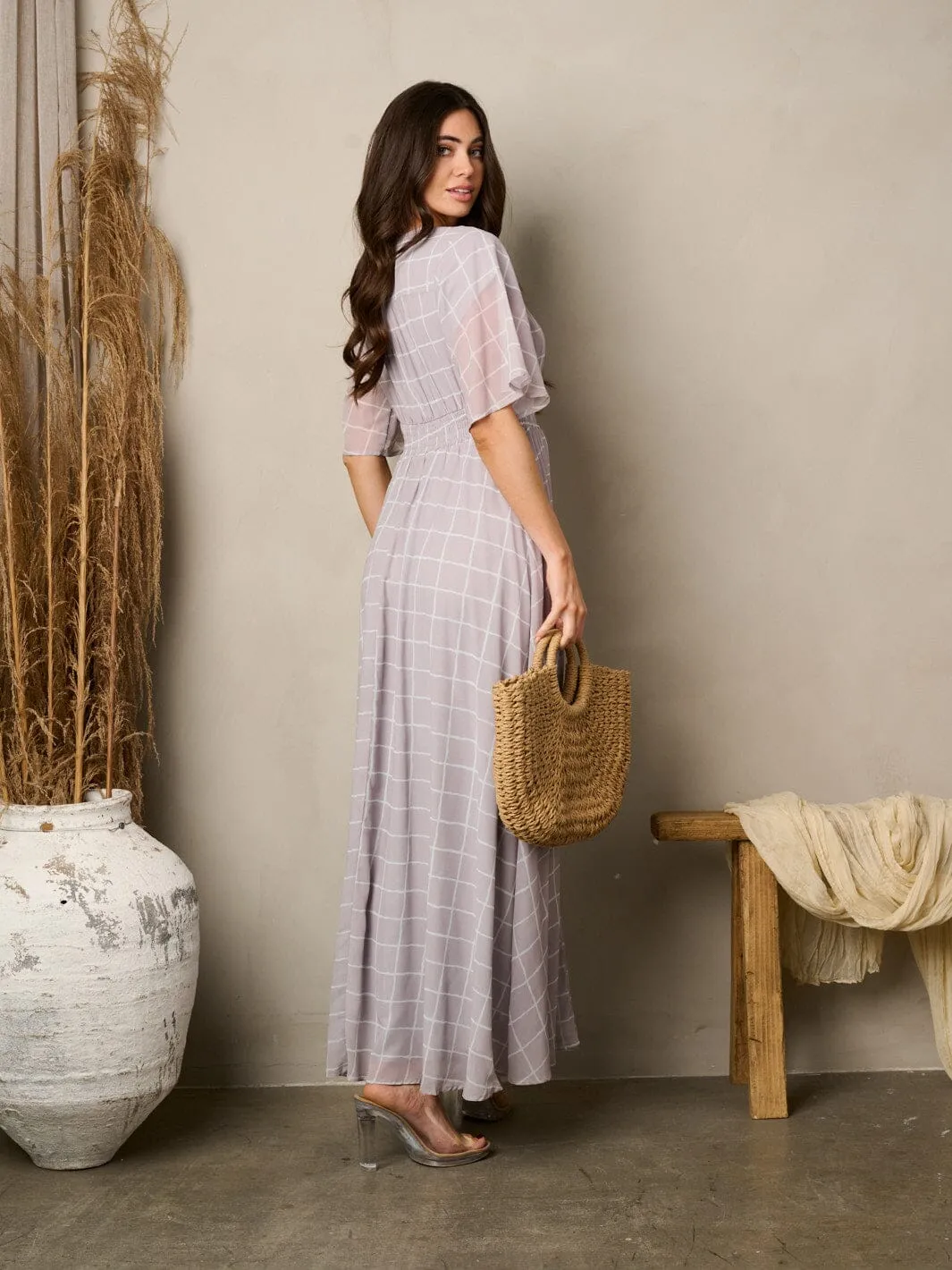 WOMEN'S SHORT SLEEVE V-NECK BUTTON UP MAXI DRESS