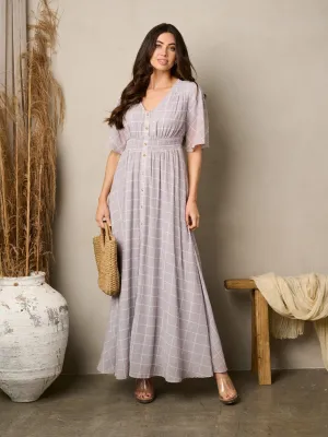 WOMEN'S SHORT SLEEVE V-NECK BUTTON UP MAXI DRESS