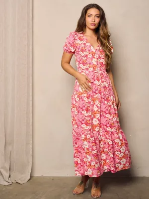 WOMEN'S SHORT SLEEVE V-NECK TIERED FLORAL MAXI DRESS