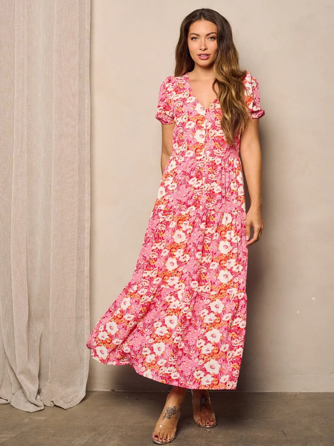 WOMEN'S SHORT SLEEVE V-NECK TIERED FLORAL MAXI DRESS