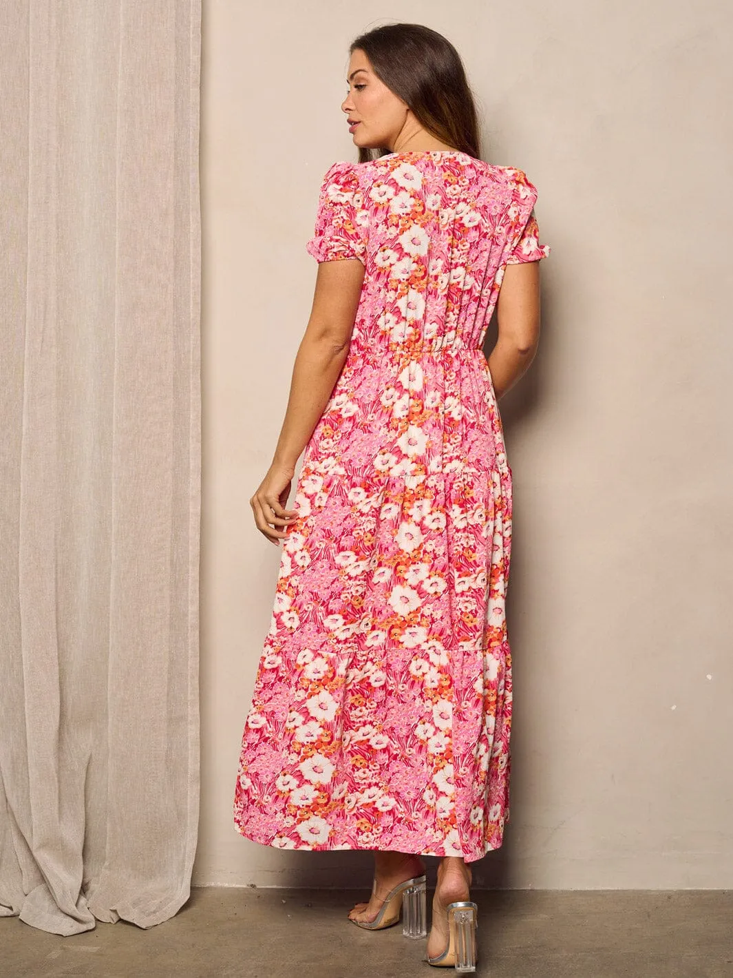 WOMEN'S SHORT SLEEVE V-NECK TIERED FLORAL MAXI DRESS