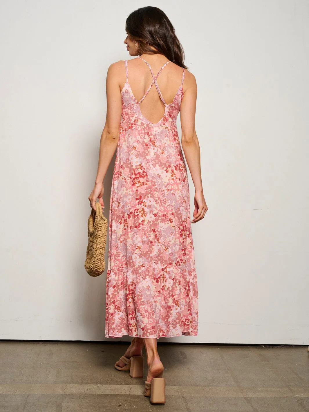 WOMEN'S SLEEVELESS BACK LACE UP V-NECK BUTTON UP FLORAL MAXI DRESS