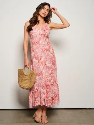 WOMEN'S SLEEVELESS BACK LACE UP V-NECK BUTTON UP FLORAL MAXI DRESS
