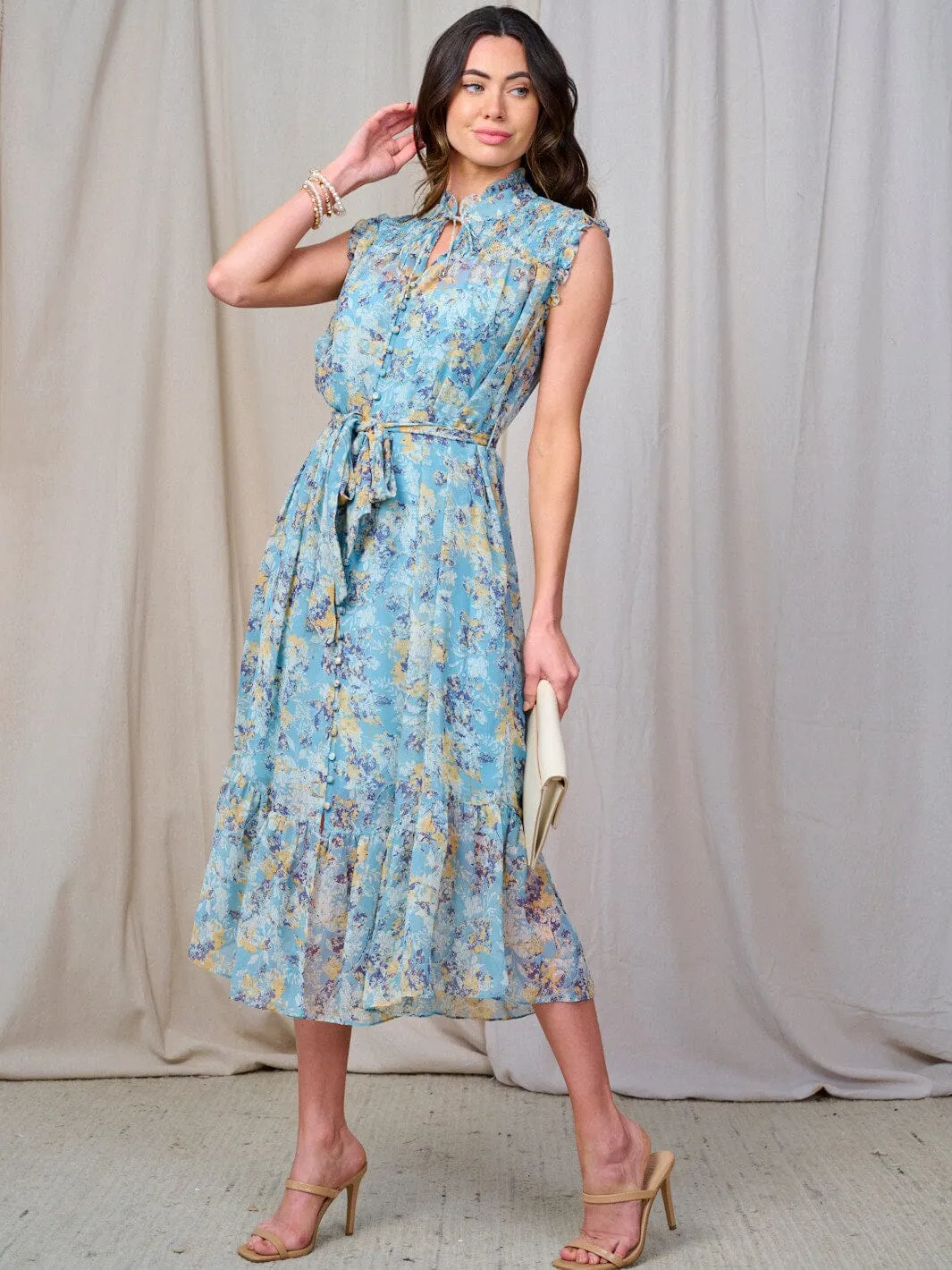 WOMEN'S SLEEVELESS BUTTON UP SELF TIE FLORAL MIDI DRESS
