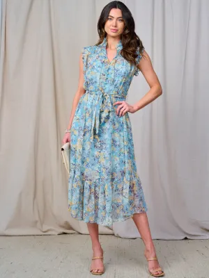 WOMEN'S SLEEVELESS BUTTON UP SELF TIE FLORAL MIDI DRESS