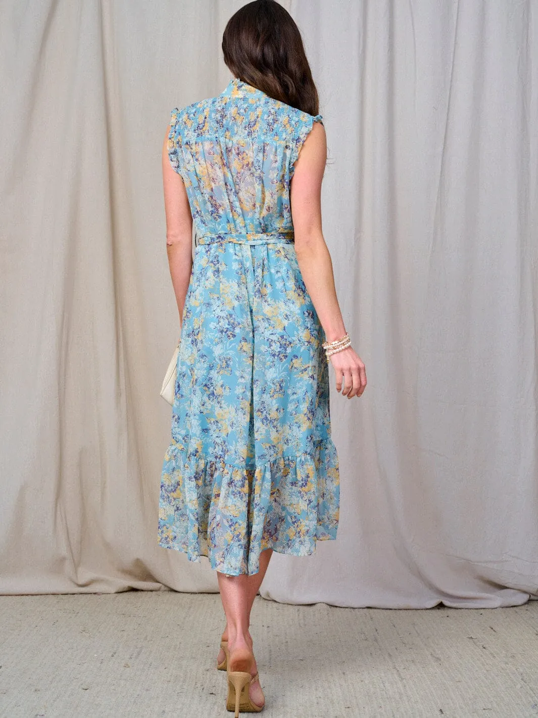 WOMEN'S SLEEVELESS BUTTON UP SELF TIE FLORAL MIDI DRESS