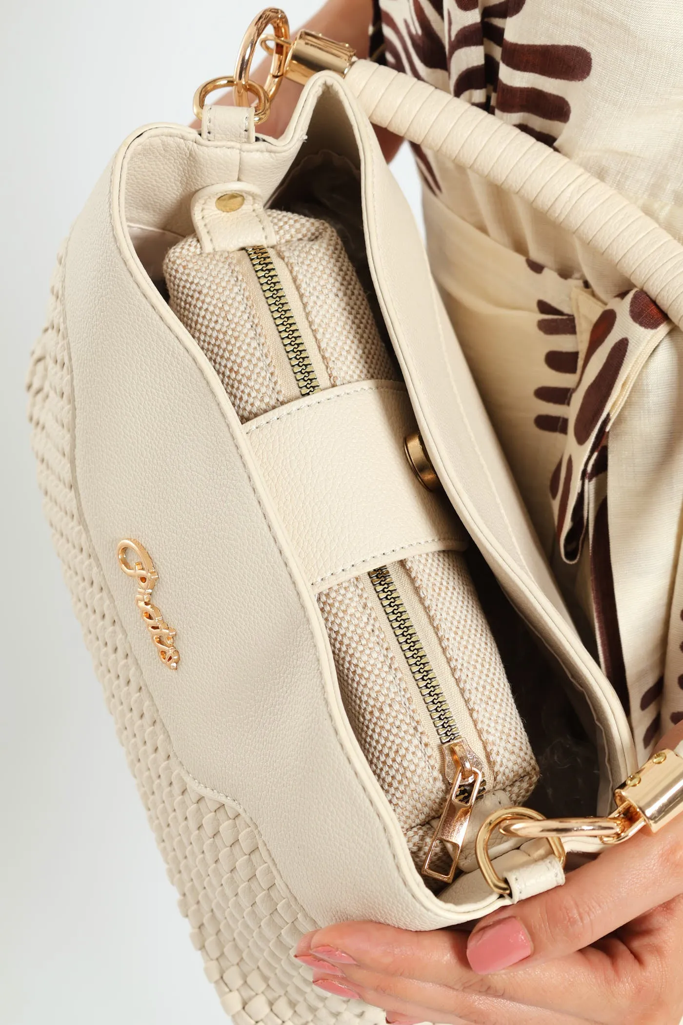 Woven Top Handle Bucket Bag - Beige