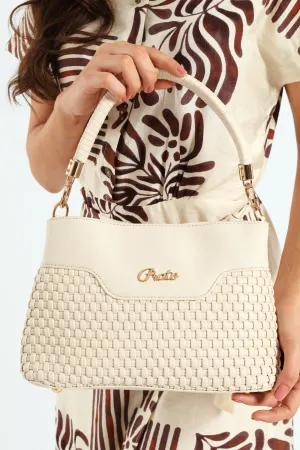 Woven Top Handle Bucket Bag - Beige