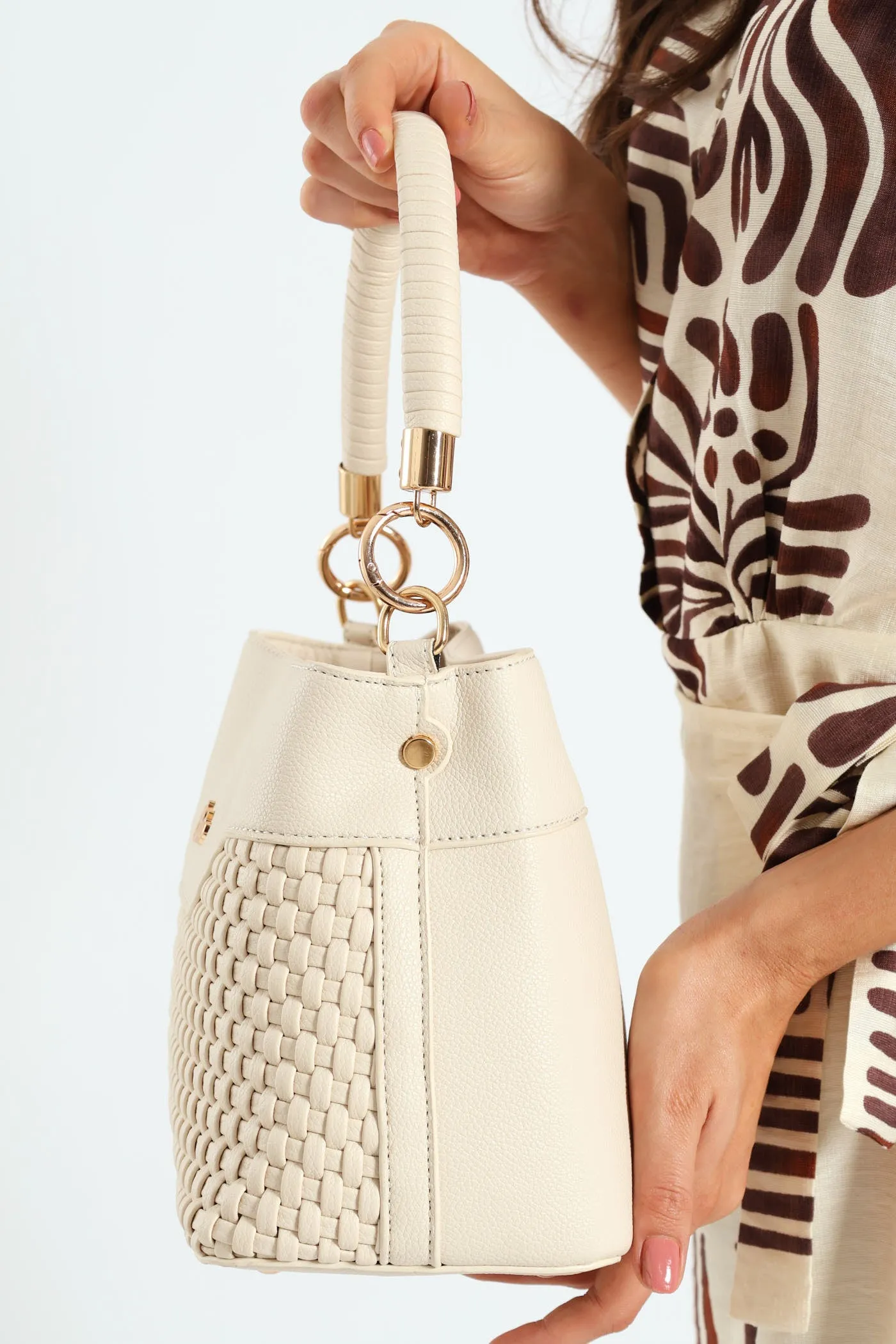 Woven Top Handle Bucket Bag - Beige