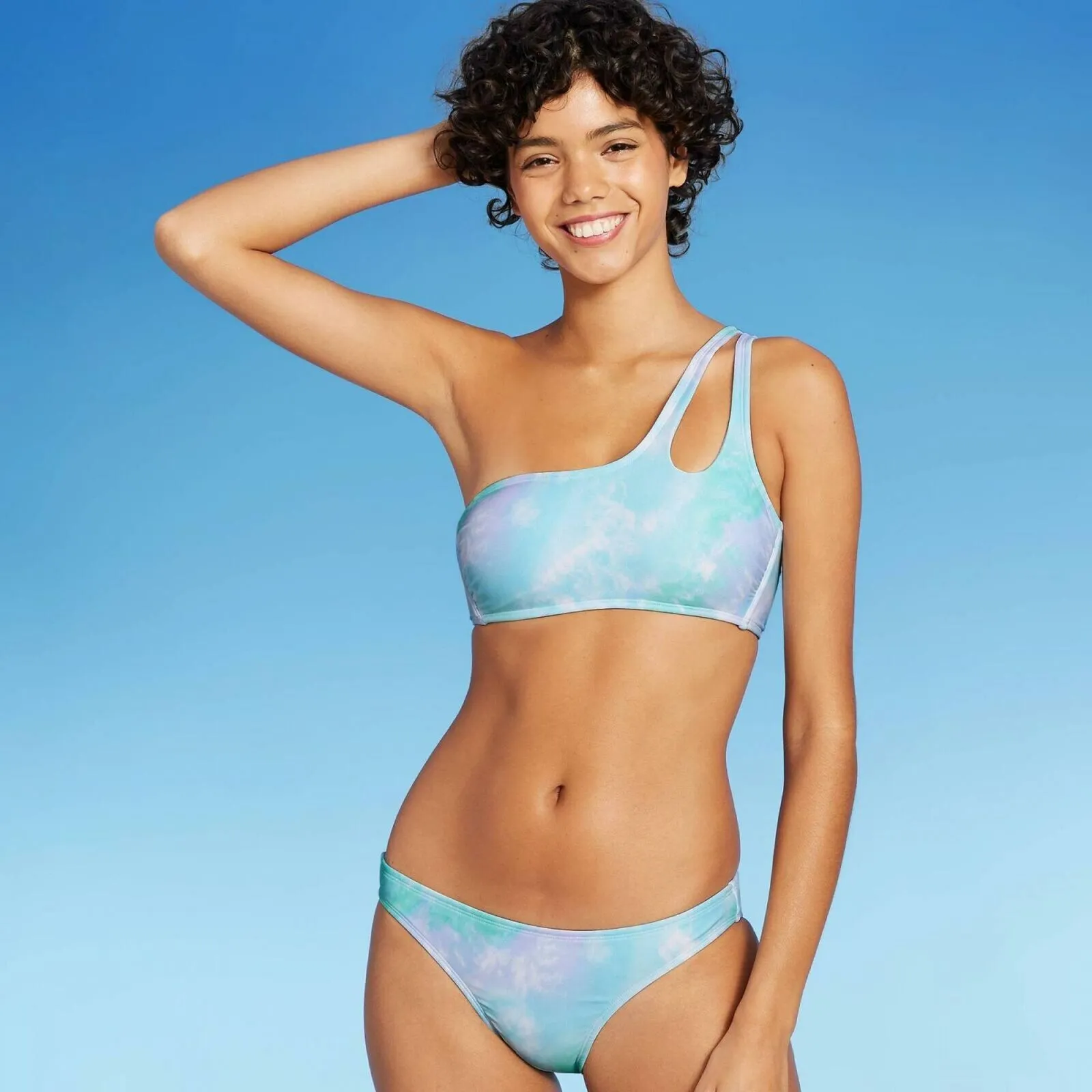 Xhilaration Tie Dye One Shoulder Bikini Top Blue Large (8-10)