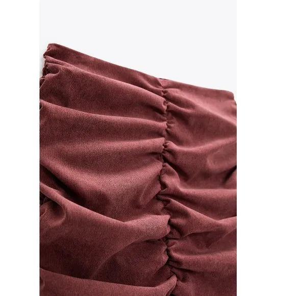 Zara Corduroy Draped Mini Skirt in Wine Mauve Size Medium