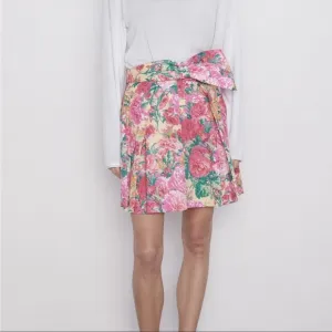 ZARA Floral Belted Bow Front Cotton A-Line Mini Skirt
