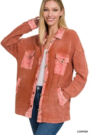 ZENANA Cotton Waffle Acid Wash Shacket