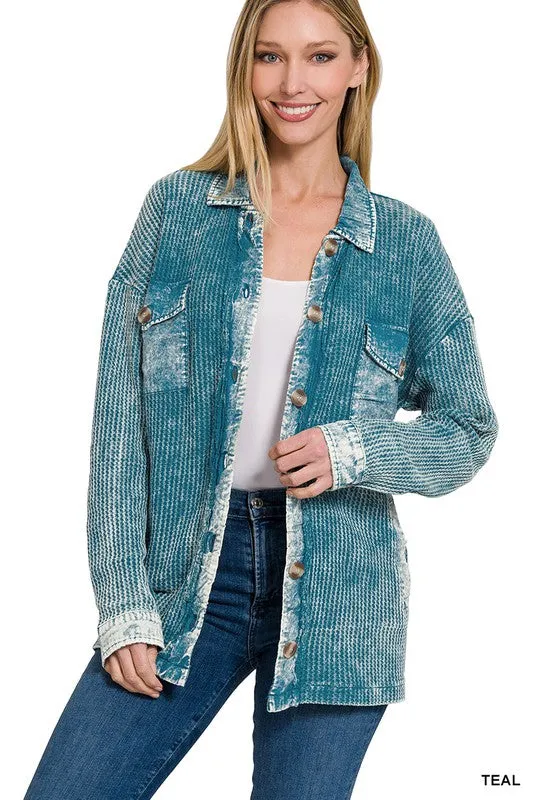 ZENANA Cotton Waffle Acid Wash Shacket