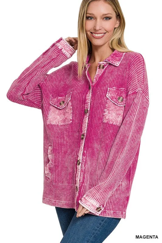 ZENANA Cotton Waffle Acid Wash Shacket