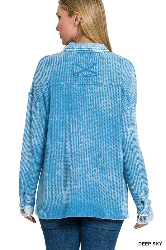 ZENANA Cotton Waffle Acid Wash Shacket