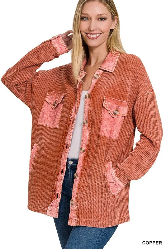 ZENANA Cotton Waffle Acid Wash Shacket
