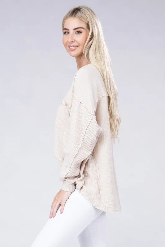 ZENANA Double Gauze Oversized 3/4 Button Henley Neck Top